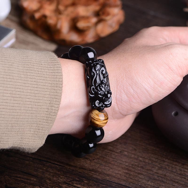 Wear FengShui Natural Black Obsidian PiXiu Tiger's Eye Strength Bracelet