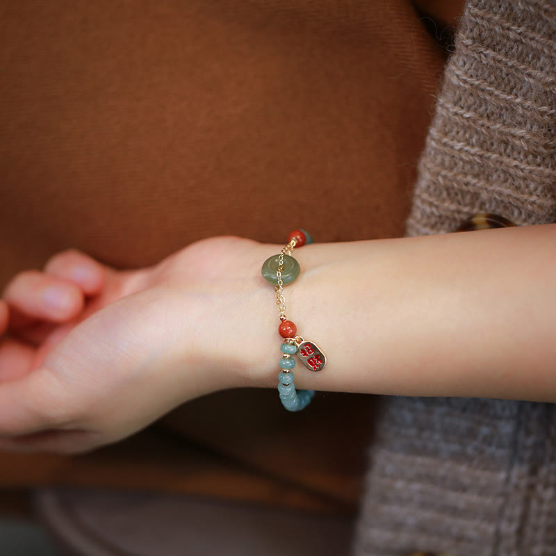 Wear FengShui Natural Hetian Jade Red Agate Peace Buckle Lucky Fortune Bracelet