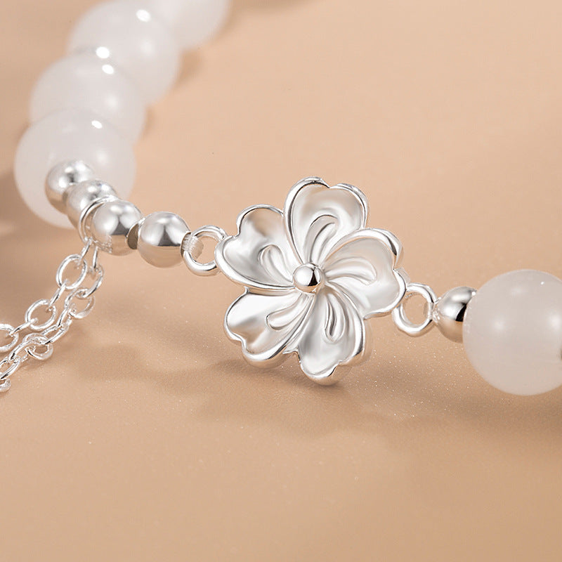 Wear FengShui White Jade Peach Blossom Petals Flower Luck Bracelet