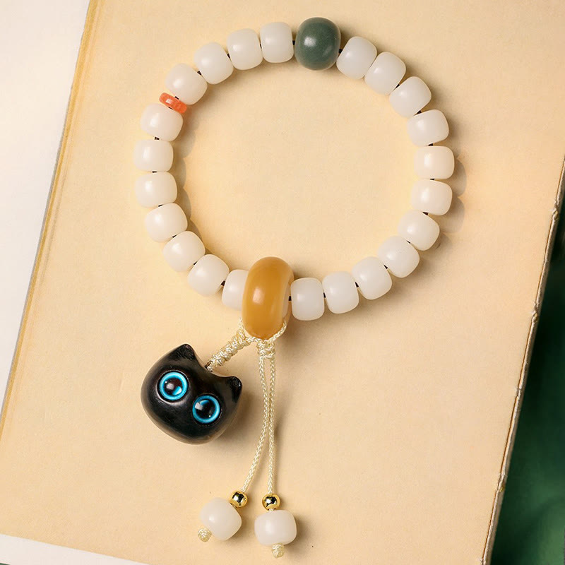 Wear FengShui Natural Bodhi Seed African Blackwood Lovely Cat Charm Peace Harmony Bracelet