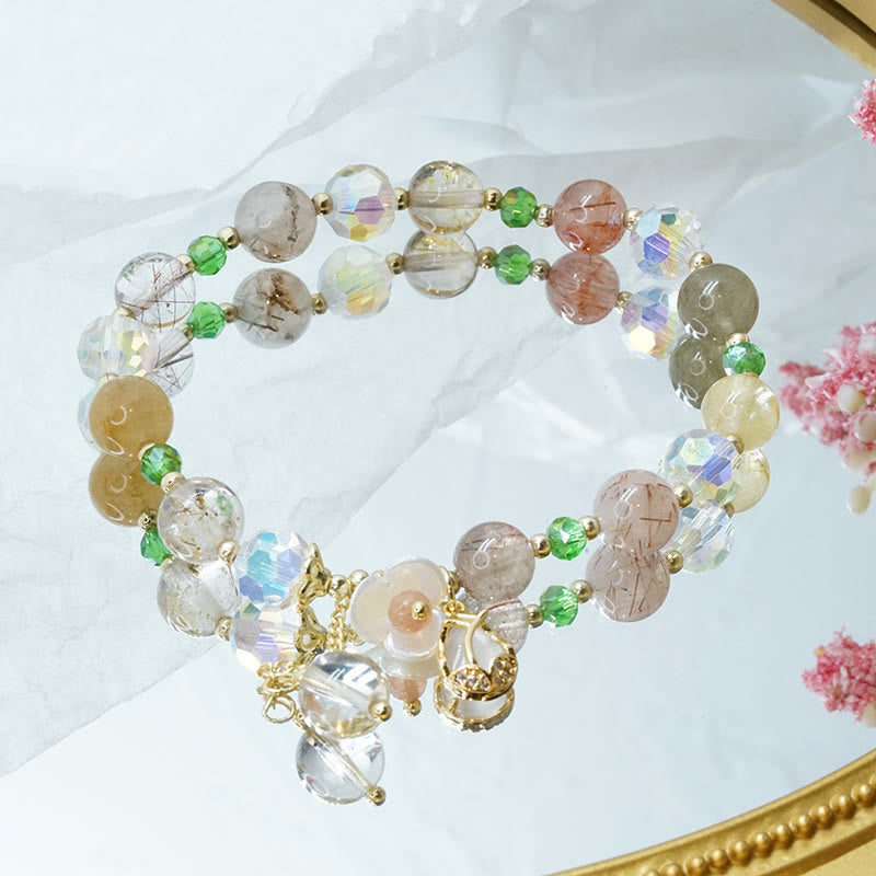 Wear FengShui Strawberry Quartz Rutilated Quartz Fluorite Flower Healing Bracelet