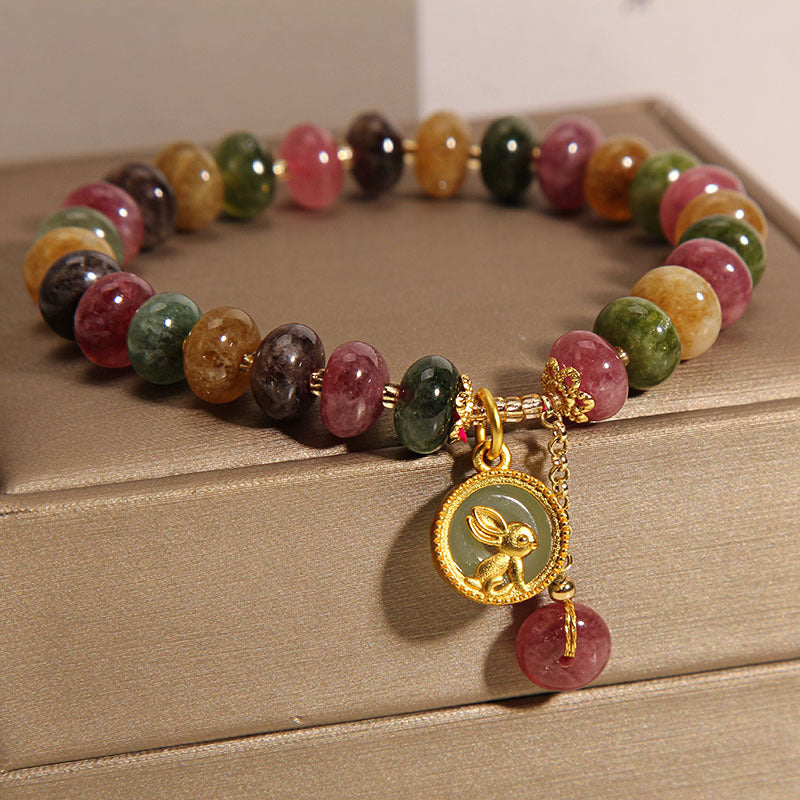 Wear FengShui Natural Colorful Tourmaline Cute Rabbit Charm Positive Bracelet