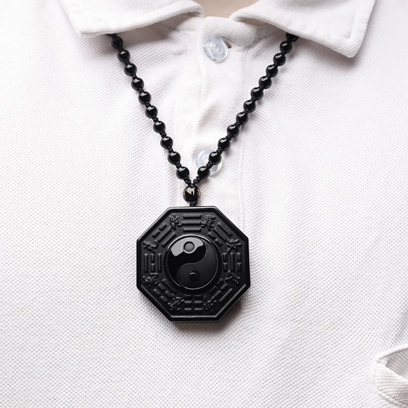 Wear FengShui Black Obsidian Stone Yin Yang Pendant Necklace