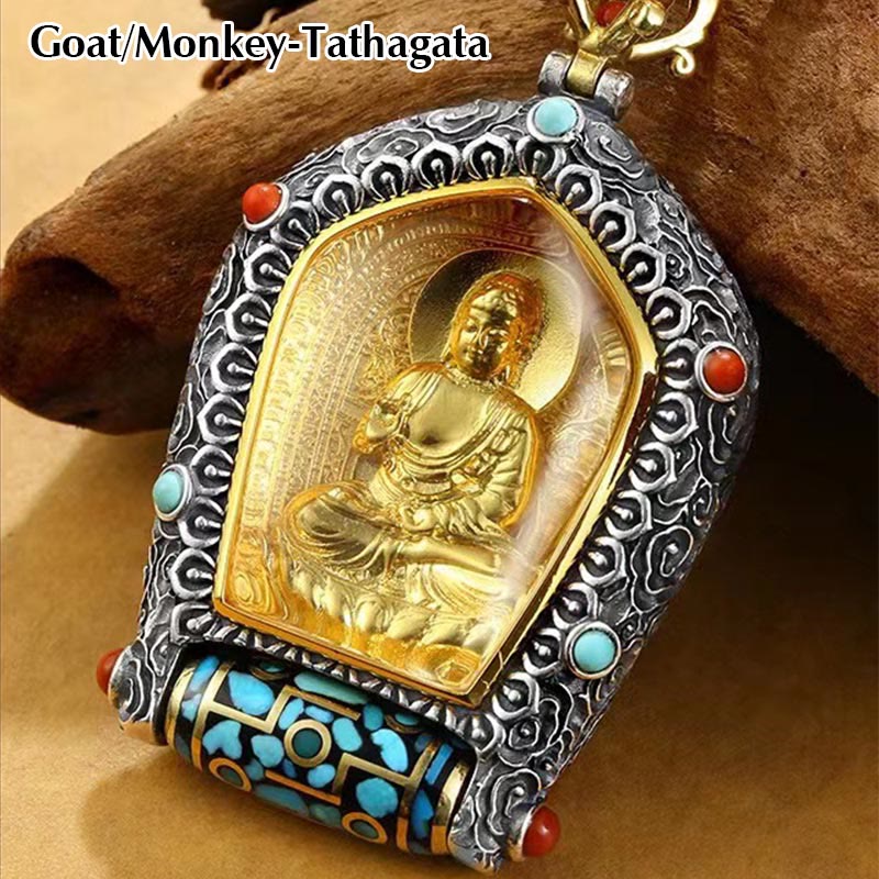 Wear FengShui Tibet Chinese Zodiac Natal Buddha Thangka Prosperity Rotatable Dzi Bead Necklace Pendant