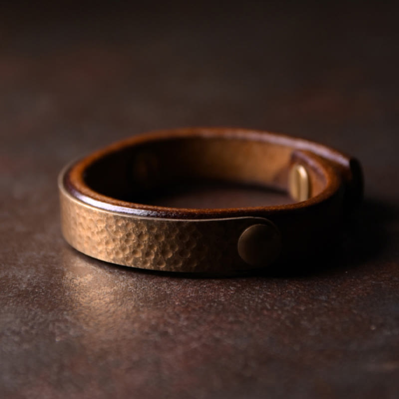 Wear FengShui Vintage Handmade Texture Copper Brass Leather Wealth Bracelet Bangle