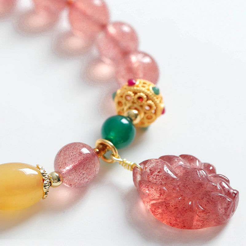 Wear FengShui Natural Strawberry Quartz Nine Tailed Fox Healing Bracelet