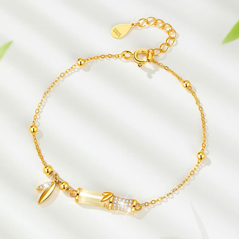 Wear FengShui 925 Sterling Silver 18K Gold Plated White Jade Bamboo Zircon Leaf Luck Bracelet