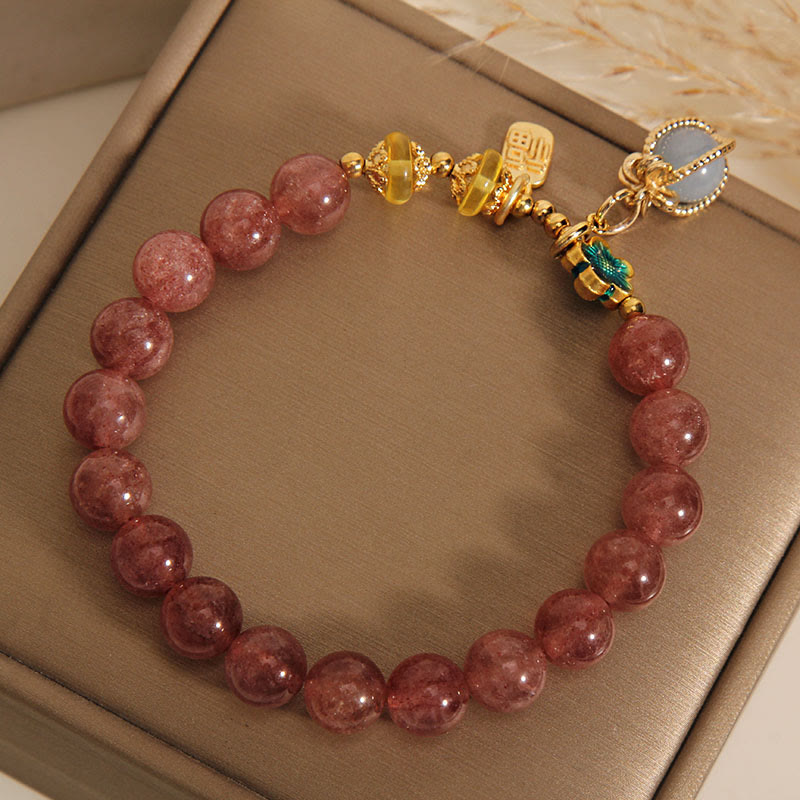 Wear FengShui Natural Strawberry Quartz Crystal Aquamarine Fortune Brand Love Bracelet