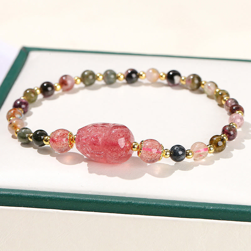 Wear FengShui Moonstone Strawberry Quartz Tourmaline PiXiu Healing Bracelet