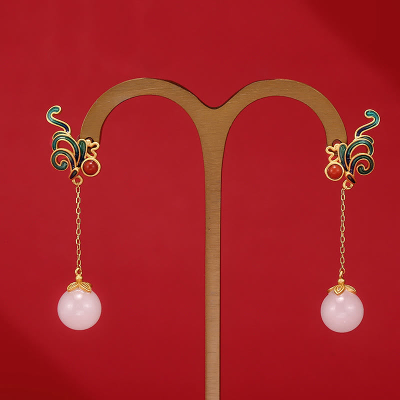 Wear FengShui Vintage White Jade Red Agate Bead Blessing Drop Dangle Earrings