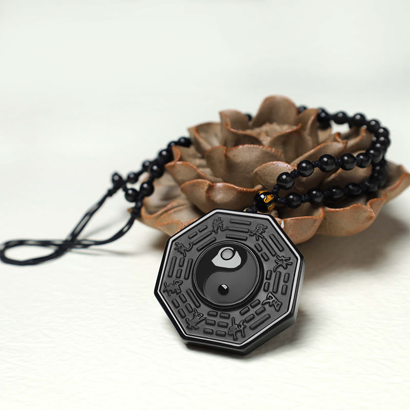 Wear FengShui Black Obsidian Stone Yin Yang Pendant Necklace