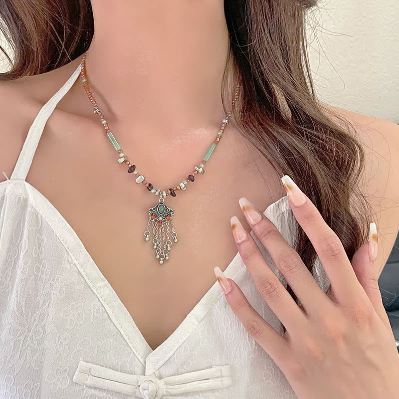 Wear FengShui Tibetan Crystal Stone Copper Luck Tassel Necklace Pendant
