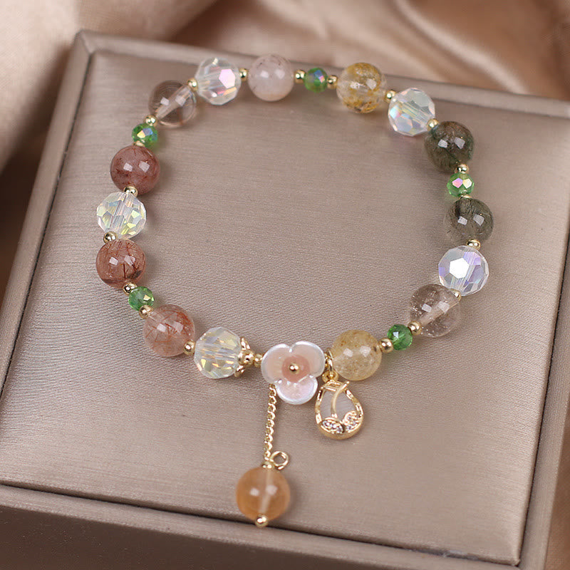 Wear FengShui Strawberry Quartz Rutilated Quartz Fluorite Flower Healing Bracelet