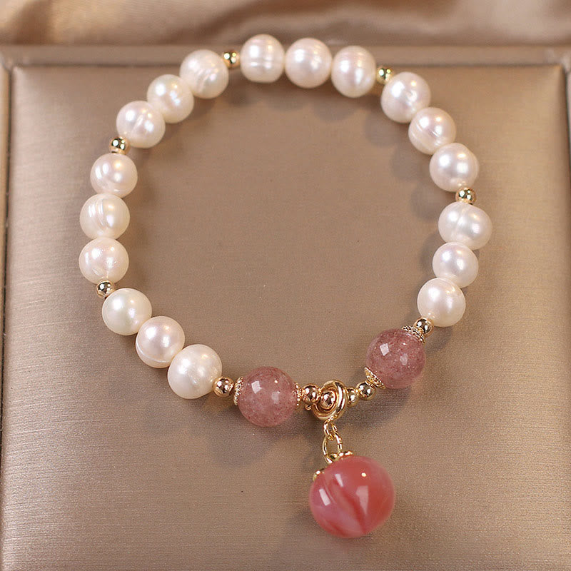 Wear FengShui Natural Pearl Strawberry Quartz Peach Love Heart Wisdom Charm Bracelet