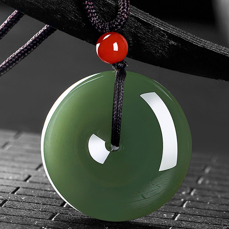 Wear FengShui Natural Round Jade Peace Buckle Prosperity Necklace String Pendant