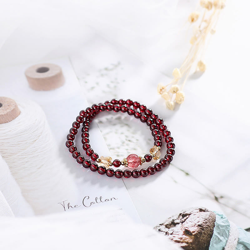 Wear FengShui 14K Gold Plated Natural Garnet Strawberry Quartz Butterfly Protection Double Wrap Bracelet