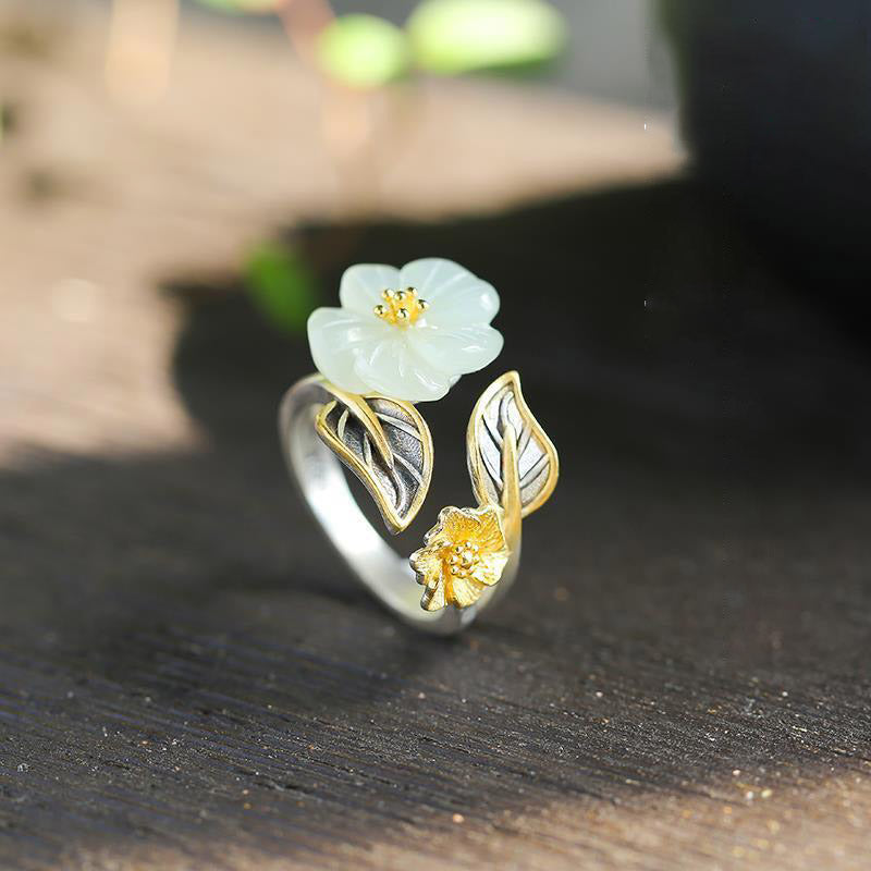 Wear FengShui 925 Silver Plated Copper White Jade Plum Flower Leaf Luck Ring