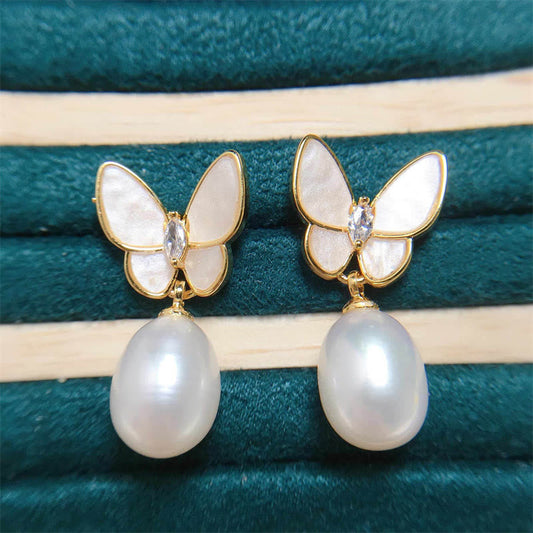 Wear FengShui 925 Sterling Silver Posts 18K Gold Plated Copper Pearl Butterfly Optimism Stud Earrings