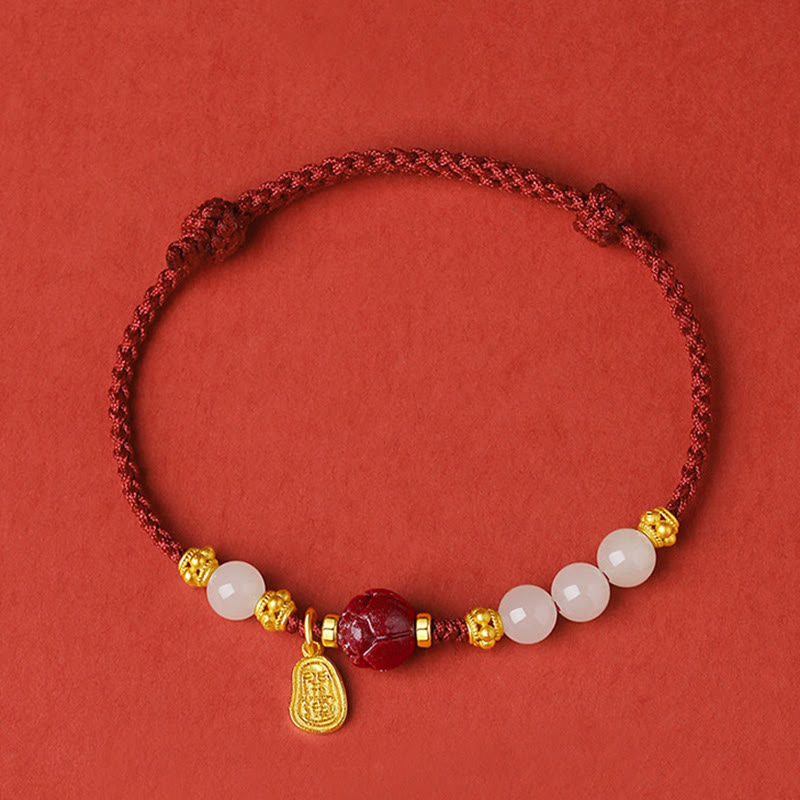 Wear FengShui 24K Gold Plated Hetian White Jade Cinnabar Lotus Luck Rope Bracelet
