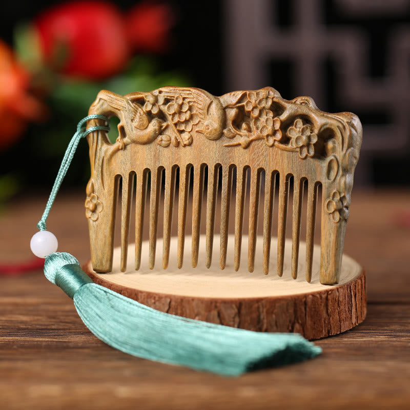 Wear FengShui Green Sandalwood Fox Peony Flower Lotus Engraved Cure Tassel Comb