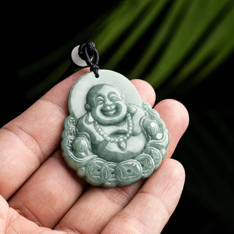 Wear FengShui Laughing Buddha Natural Jade Copper Coin Abundance Necklace Pendant