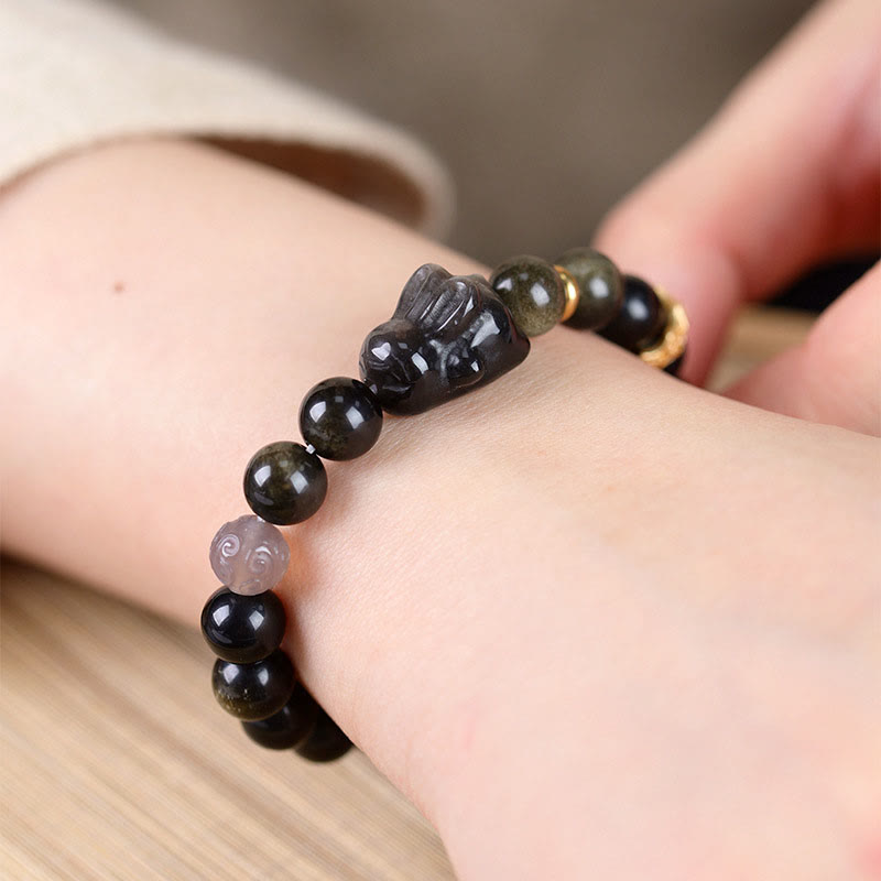 Wear FengShui Gold Sheen Obsidian Black Obsidian Silver Sheen Obsidian Cute Rabbit Protection Bracelet