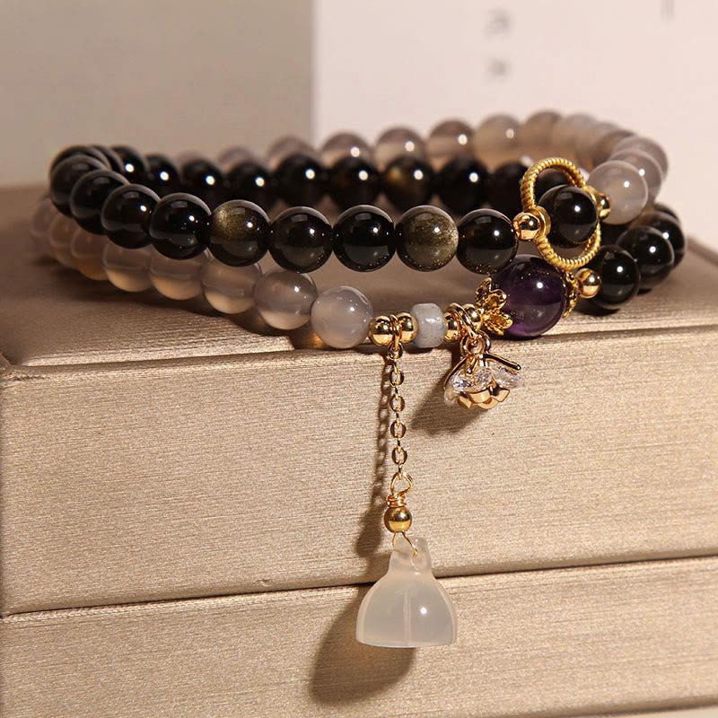 Wear FengShui Gold Sheen Obsidian Gray Agate Lotus Charm Strengthen Double Wrap Bracelet