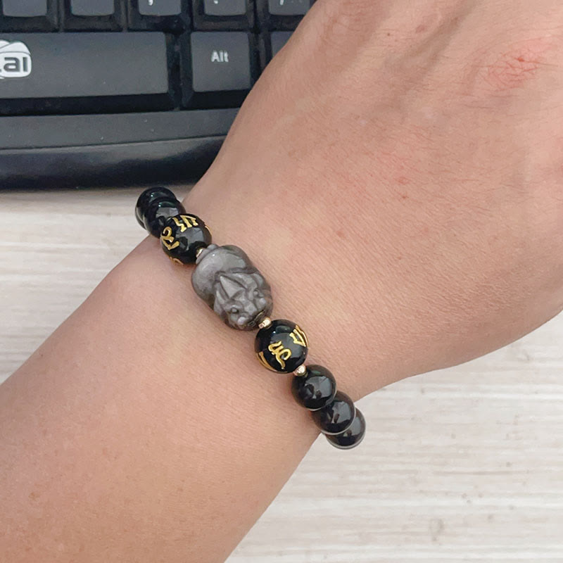 Wear FengShui Natural Silver Sheen Obsidian Black Obsidian Om Mani Padme Hum Pixiu Protection Bracelet