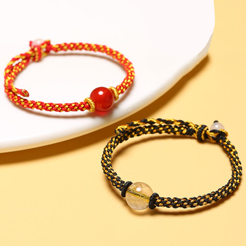 Wear FengShui Handmade Red Agate Amethyst Golden Rutilated Quartz Pink Crystal Bead Calm Braided Bracelet