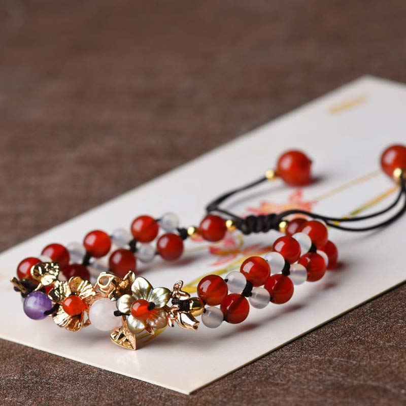 Wear FengShui Green Aventurine Garnet Bead Flower Petal Luck Bracelet