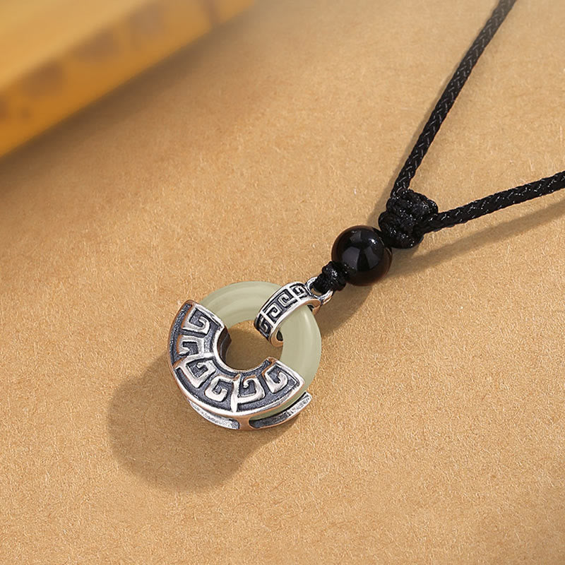 Wear FengShui 925 Sterling Silver Natural Hetian Jade Peace Buckle Prosperity Necklace Pendant