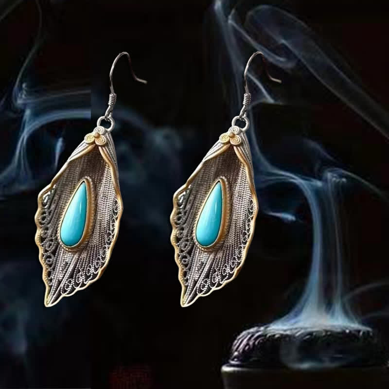 Wear FengShui 925 Sterling Silver Turquoise Bodhi Leaf Pattern Protection Drop Dangle Earrings