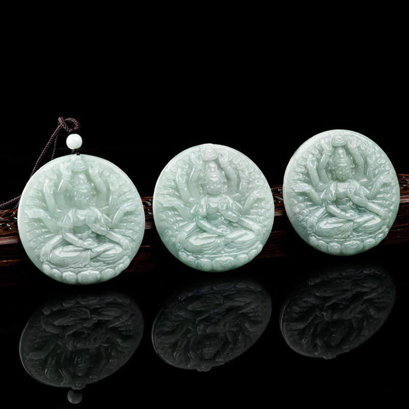 Wear FengShui Thousand-Hand Kwan Yin Avalokitesvara Jade Blessing String Necklace Pendant
