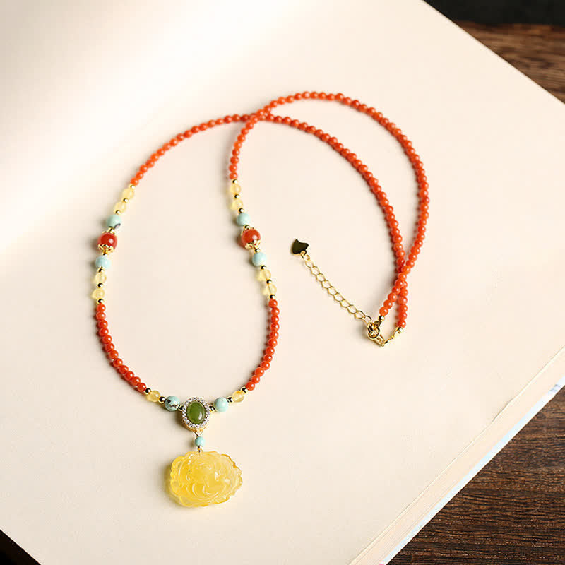 Wear FengShui 925 Sterling Silver Natural Red Agate Amber Peony Confidence Charm Necklace Pendant