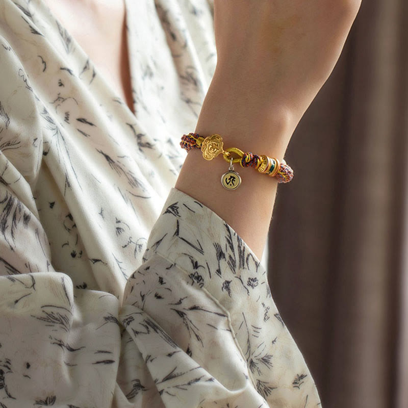 Wear FengShui 925 Sterling Silver Chinese Zodiac Natal Buddha Om Mani Padme Hum Luck Bell Braided String Bracelet