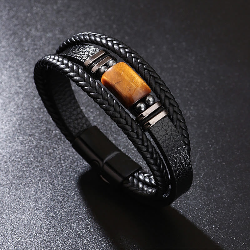 Wear FengShui Tiger Eye Power Magnetic Buckle Multilayered Leather Bracelet