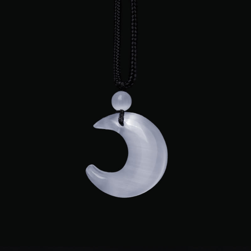 Wear FengShui Natural Silver Sheen Obsidian Selenite Crystal Crescent Moon Yin Yang Couple Protection Necklace Pendant