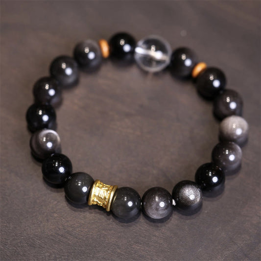 Wear FengShui Natural Silver Sheen Obsidian Crystal Om Mani Padme Hum Bead Protection Bracelet