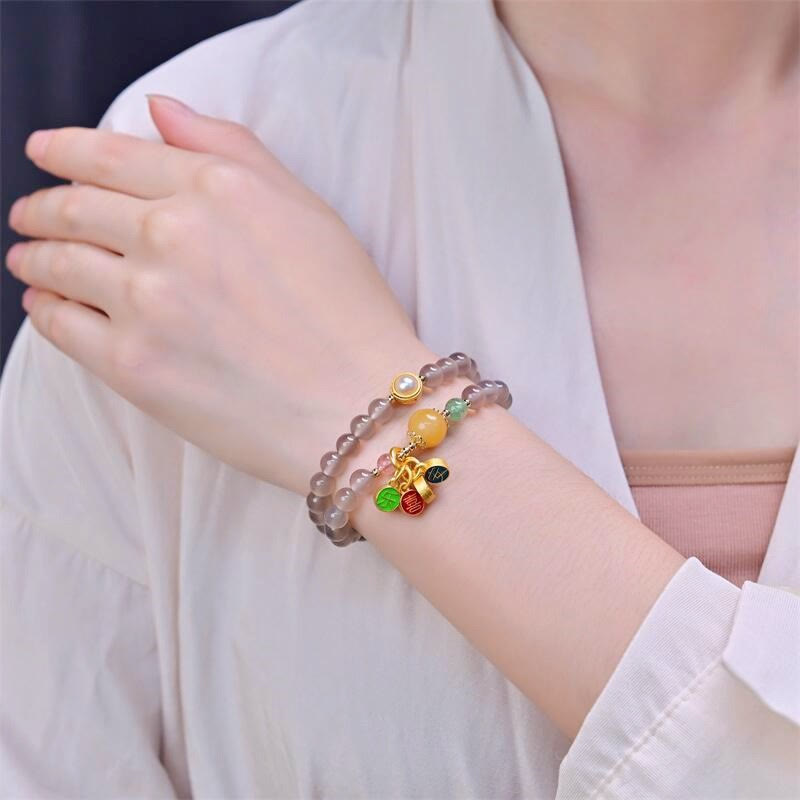 Wear FengShui Natural Gray Agate Peace And Joy Charm Balance Double Wrap Bracelet