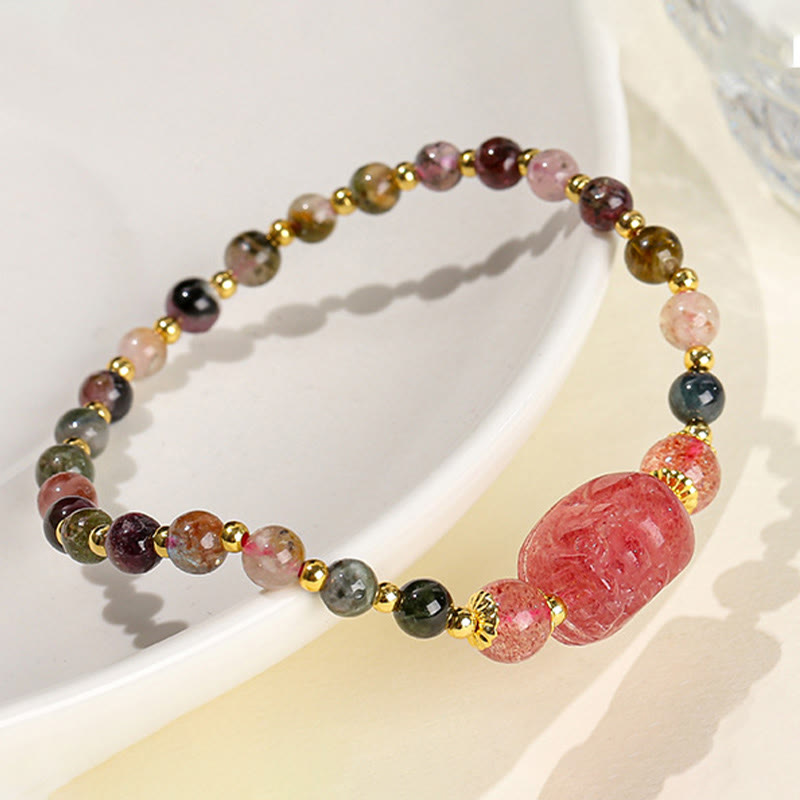 Wear FengShui Moonstone Strawberry Quartz Tourmaline PiXiu Healing Bracelet