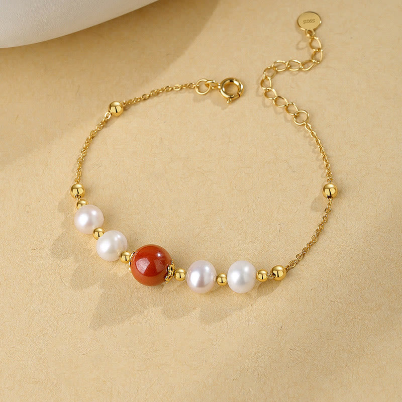 Wear FengShui 925 Sterling Silver Pearl Cinnabar Healing Bead Chain Bracelet