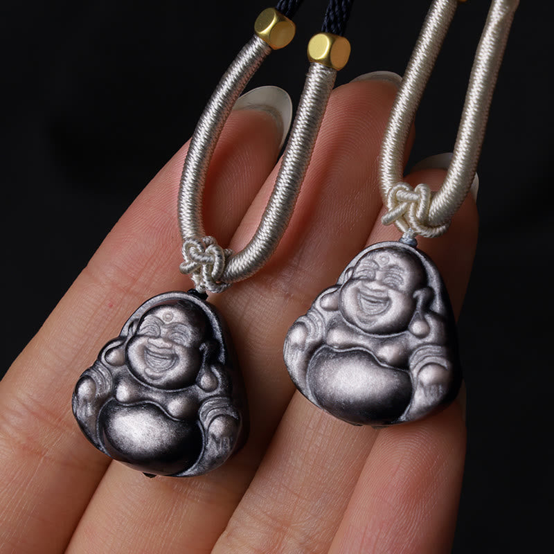 Wear FengShui Natural Silver Sheen Obsidian Laughing Buddha Protection Necklace Pendant
