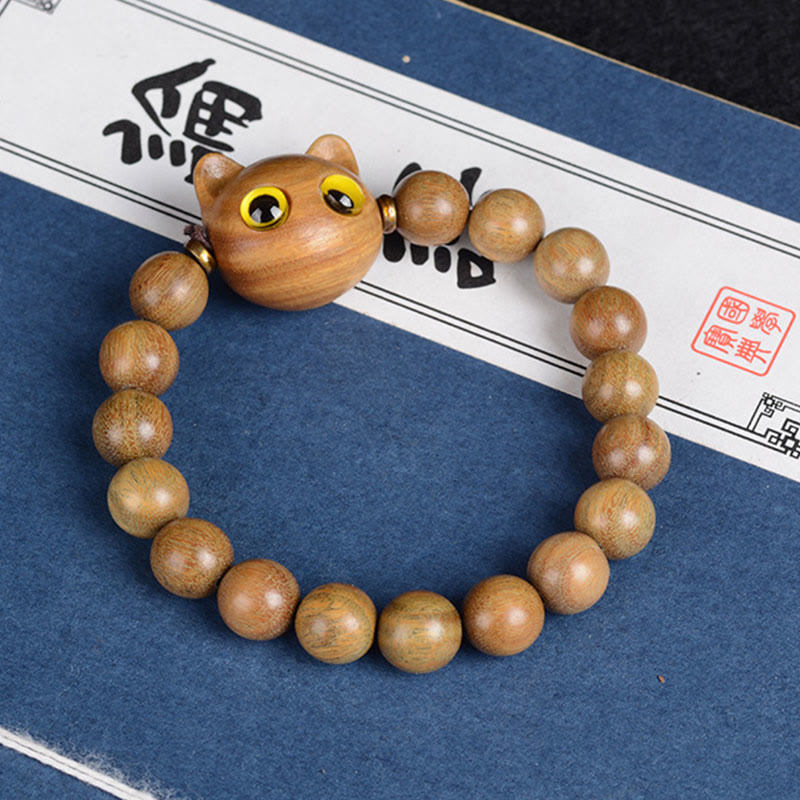 Wear FengShui Ebony Wood Green Sandalwood Red Sandalwood Lovely Cat Balance Bracelet