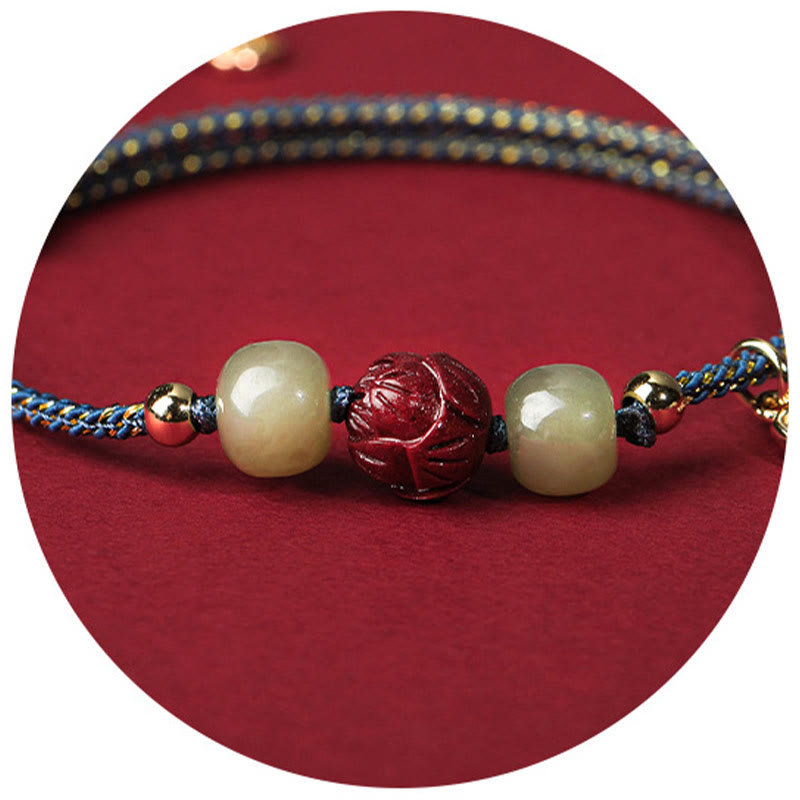 Wear FengShui 14K Gold Plated Hetian Jade Cinnabar Lotus Luck Handcrafted Rope Bracelet