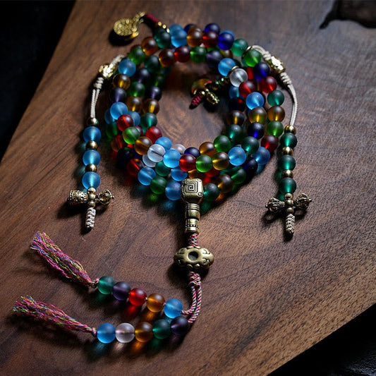Wear FengShui Tibetan 108 Mala Beads Multicolored Liuli Glass Bead Chinese Zodiac Nine Palaces Eight Diagrams Charm Bracelet