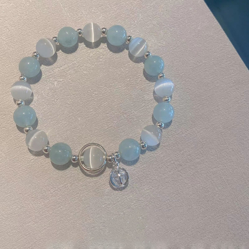 Wear FengShui 925 Sterling Silver Cat's Eye Aquamarine Support Charm Bracelet