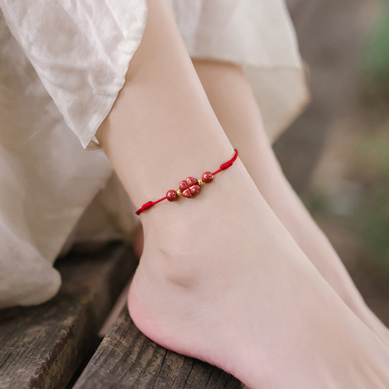 Wear FengShui Four Leaf Clover Cinnabar Blessing Calm String Bracelet Anklet