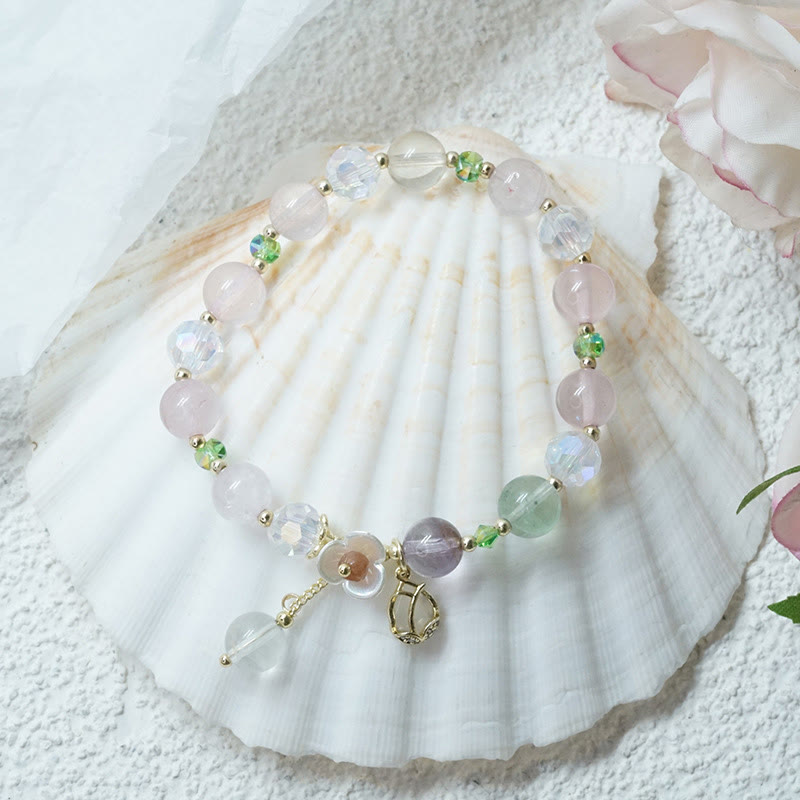 Wear FengShui Strawberry Quartz Rutilated Quartz Fluorite Flower Healing Bracelet