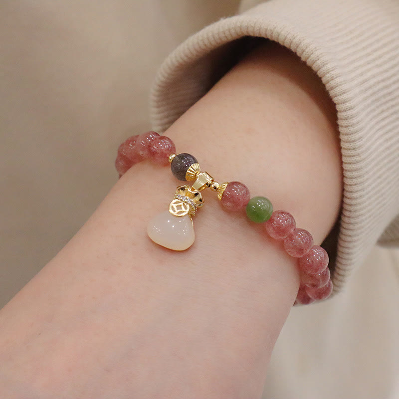 Wear FengShui Natural Strawberry Quartz Jade Peace Buckle Coin Purse Healing Bracelet