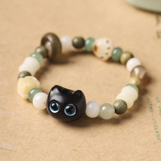 Wear FengShui Bodhi Seed Green Sandalwood Ebony Wood Small Leaf Red Sandalwood Cat Head Paw Claw Peace Bracelet